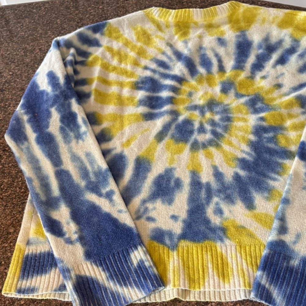 Lisa Todd Blue Yellow Tie-Dye 💯 CASHMERE Crewneck Sweater-S - Picture 9 of 10